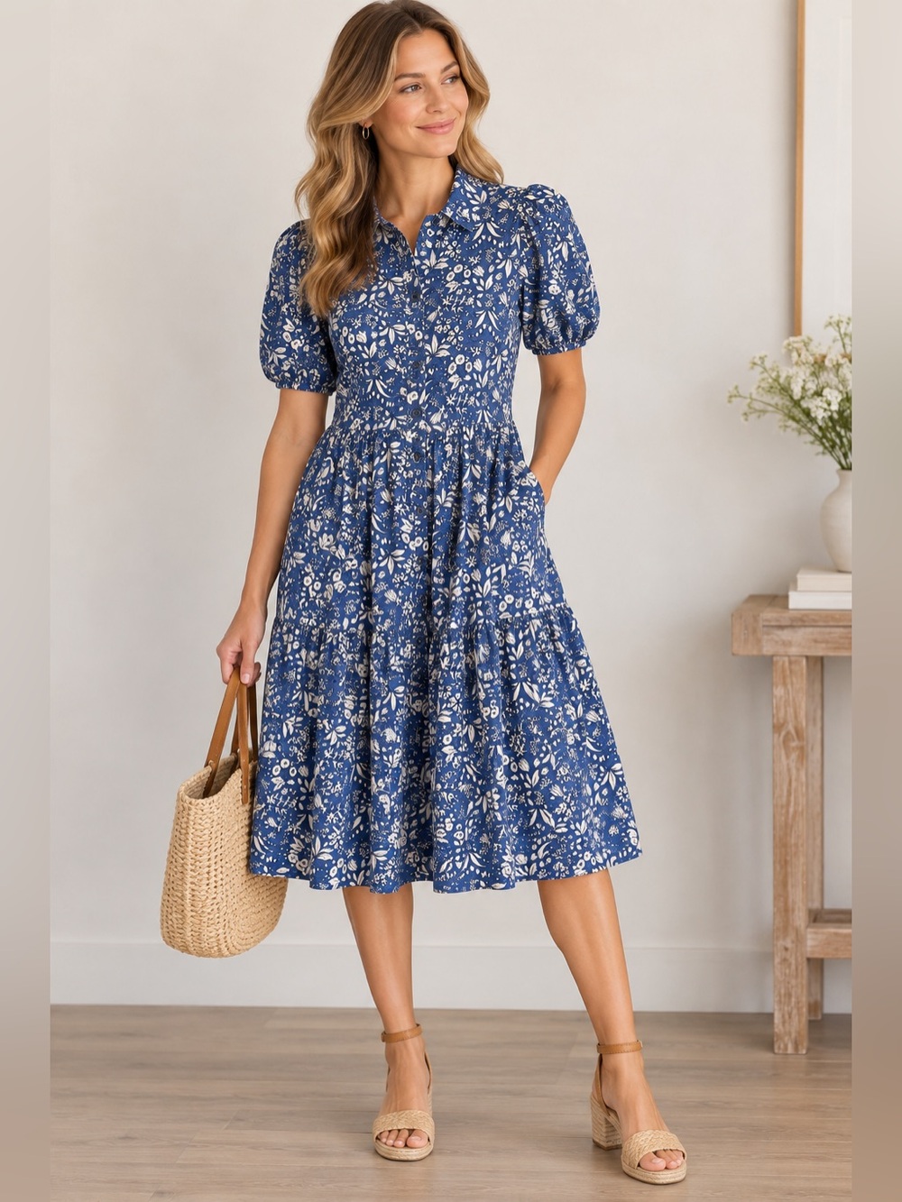 Boden Blue & White Floral Puff Sleeve Tiered Dress US 6L